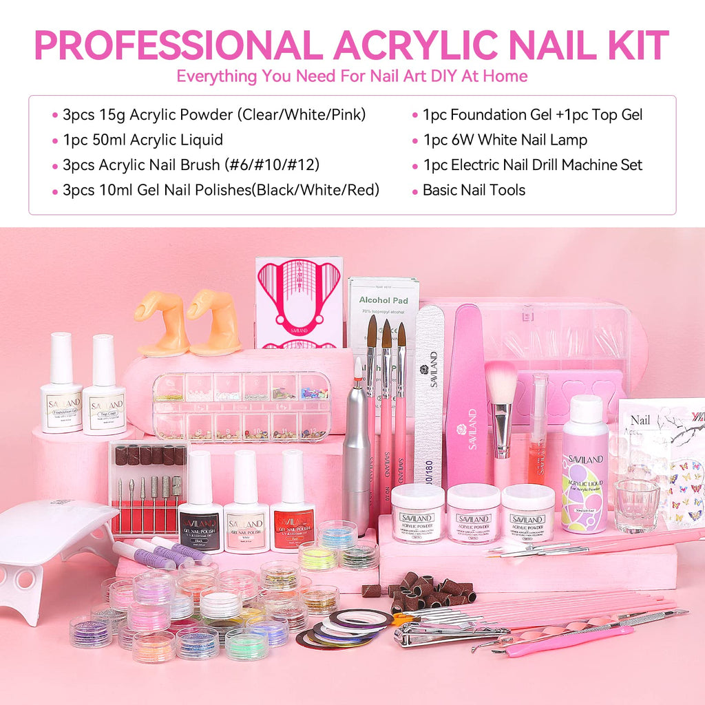 SAVILAND Acrylic Nail Kit with Drill & UV Light – Clear/Pink/White Powders + Black/White/Pink Gel Polish for DIY Nails