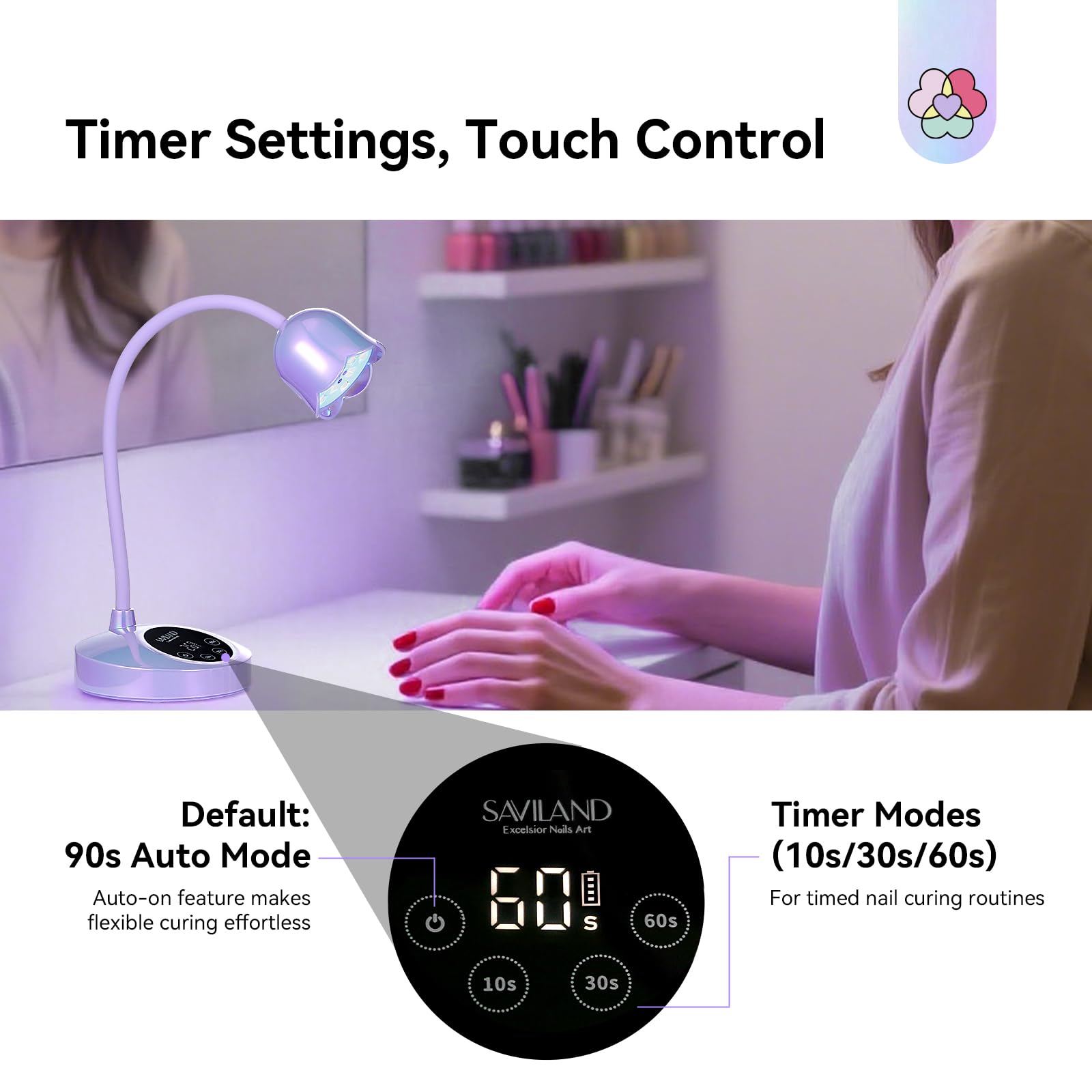 SAVILAND Advanced 30W UV Nail Lamp – 8S Gel Cure, Cordless Gooseneck, Purple Light