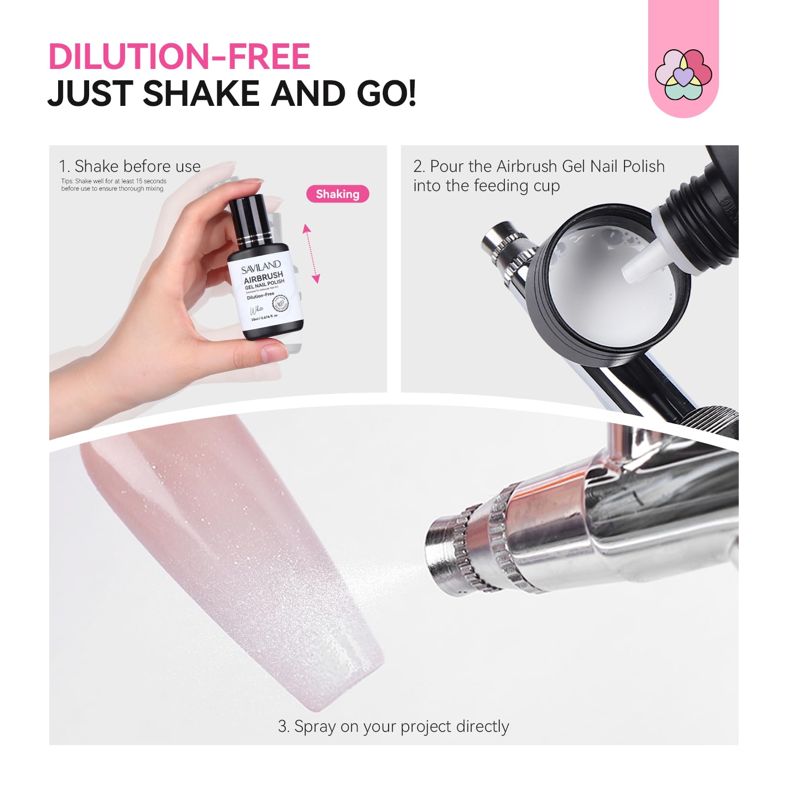 SAVILAND Airbrush Gel Nail Polish White – Dilution-Free, HEMA-Free, 20 ml, No Clogging, Non-Acetone for Ombre and French Nail Art