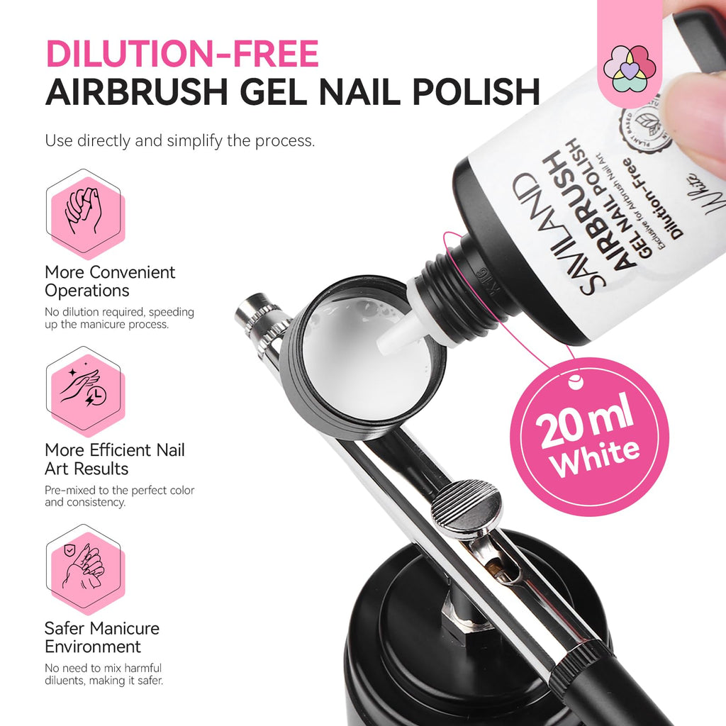 SAVILAND Airbrush Gel Nail Polish White – Dilution-Free, HEMA-Free, 20 ml, No Clogging, Non-Acetone for Ombre and French Nail Art