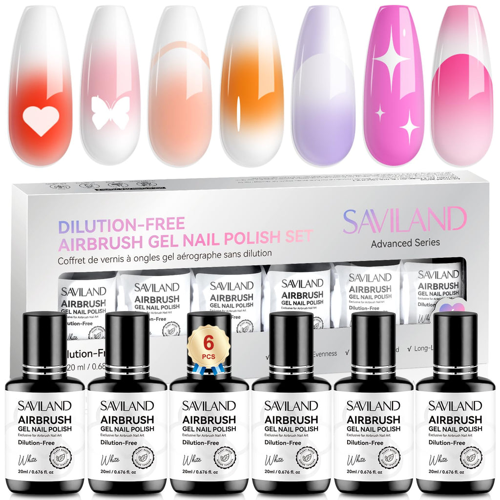 SAVILAND Dilution-Free Airbrush Gel Nail Polish – White 6x20ml, HEMA-Free, 0-Acetone