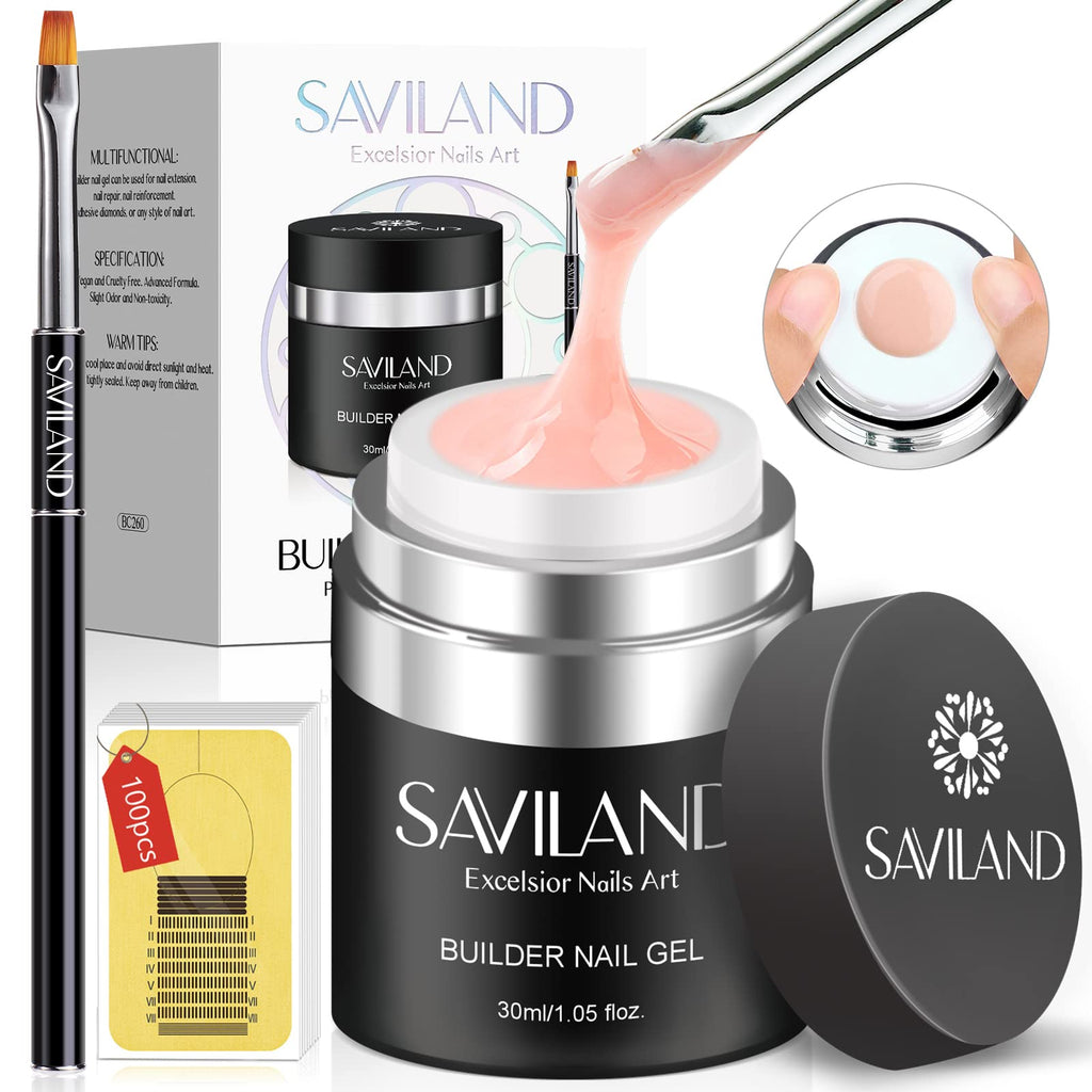 SAVILAND Builder Nail Gel Kit – Nude Pink 30ml, Air Cushion Bottle, 100 Forms & Brushes