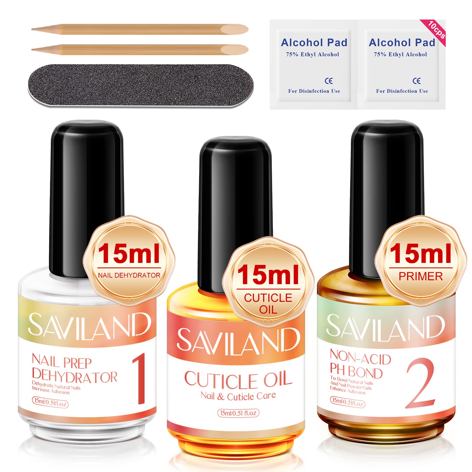 SAVILAND 15ML Nail Dehydrator & Primer with Cuticle Oil – 16 PCS Natural Acid-Free Nail Prep Kit for Gel & Acrylic Nails