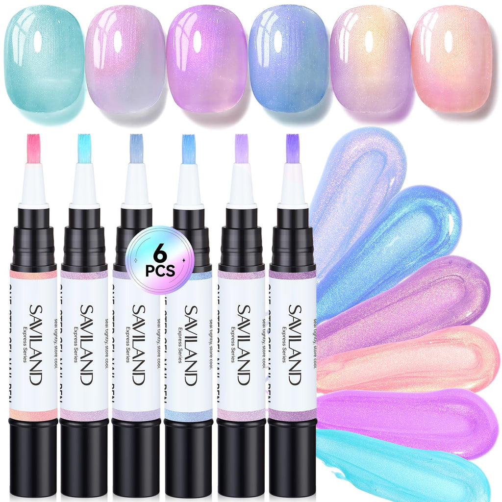SAVILAND Express One-Step Gel Nail Polish Pen Set — 6 Pearl Pink/Blue Shades, 3-in-1 Base/Color/Top, 4ml, Travel-Friendly (Lamp Not Included)