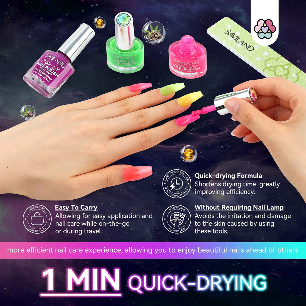 SAVILAND Glow-in-the-Dark Nail Polish Set: 14 Neon Shades with Base & Top Coats