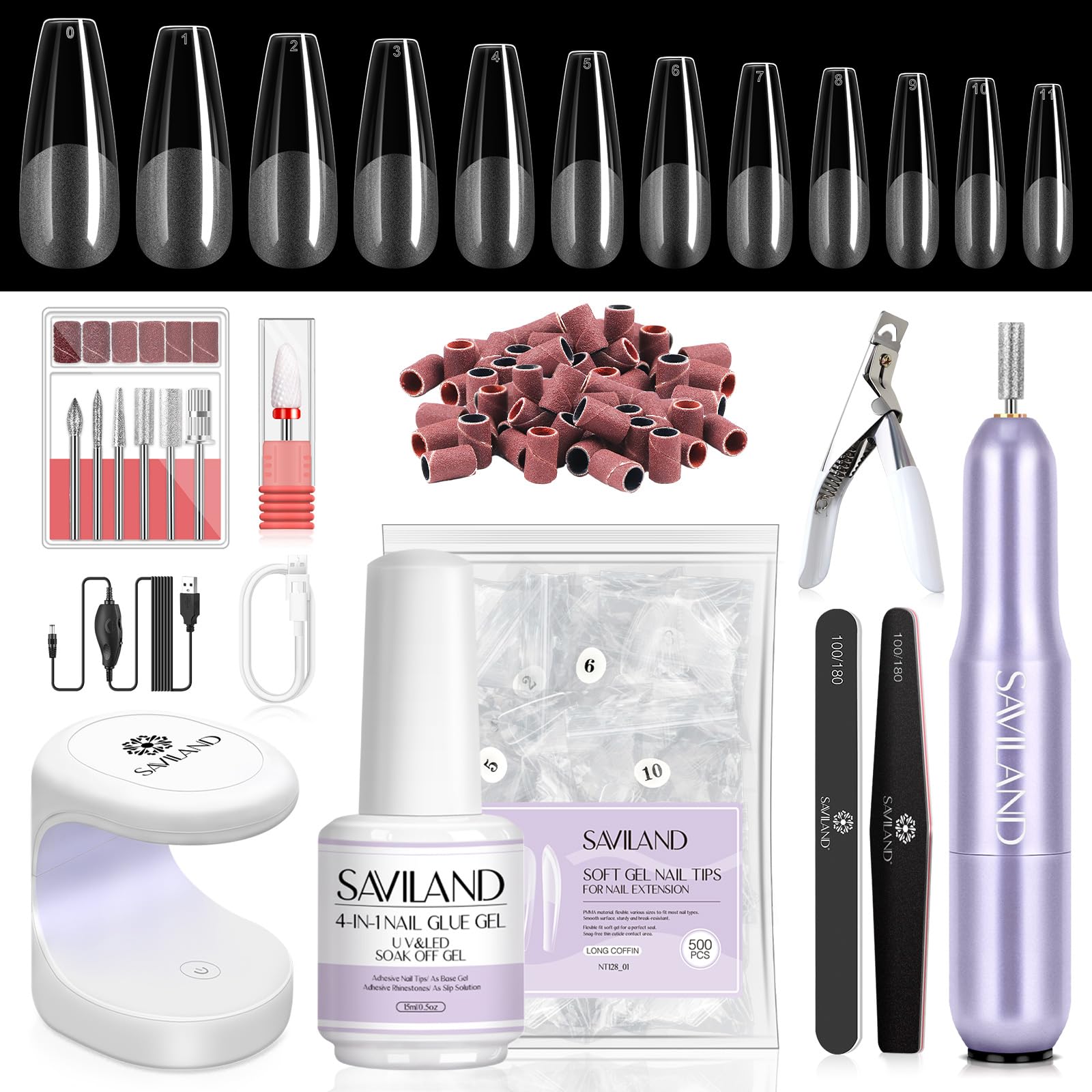 SAVILAND Gel Nail Kit for Beginners – All-in-One At-Home Nail Extension with 4-in-1 Glue Gel, 500 Tips, Mini Lamp