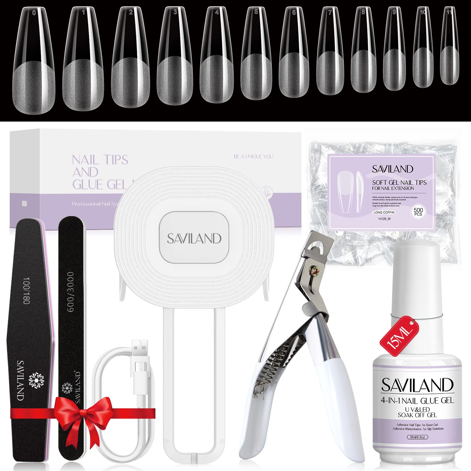 SAVILAND Gel Nail Kit - Starter Set with Upgraded UV/LED Lamp, 500 Coffin Tips, 0.5oz Glue for Easy Home DIY Nails