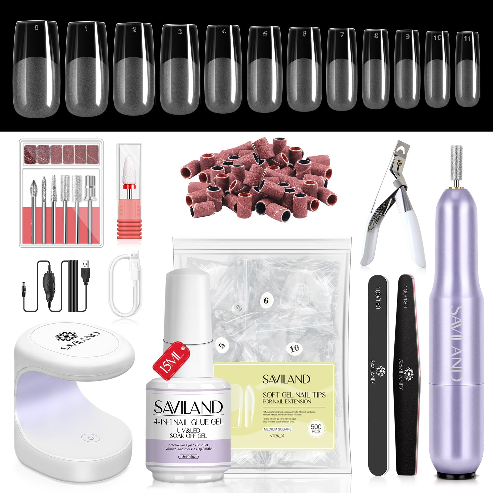 SAVILAND Gel Nail X Kit – 500 Square Tips, 4-in-1 Glue Gel, Mini Lamp & 20,000 RPM Drill