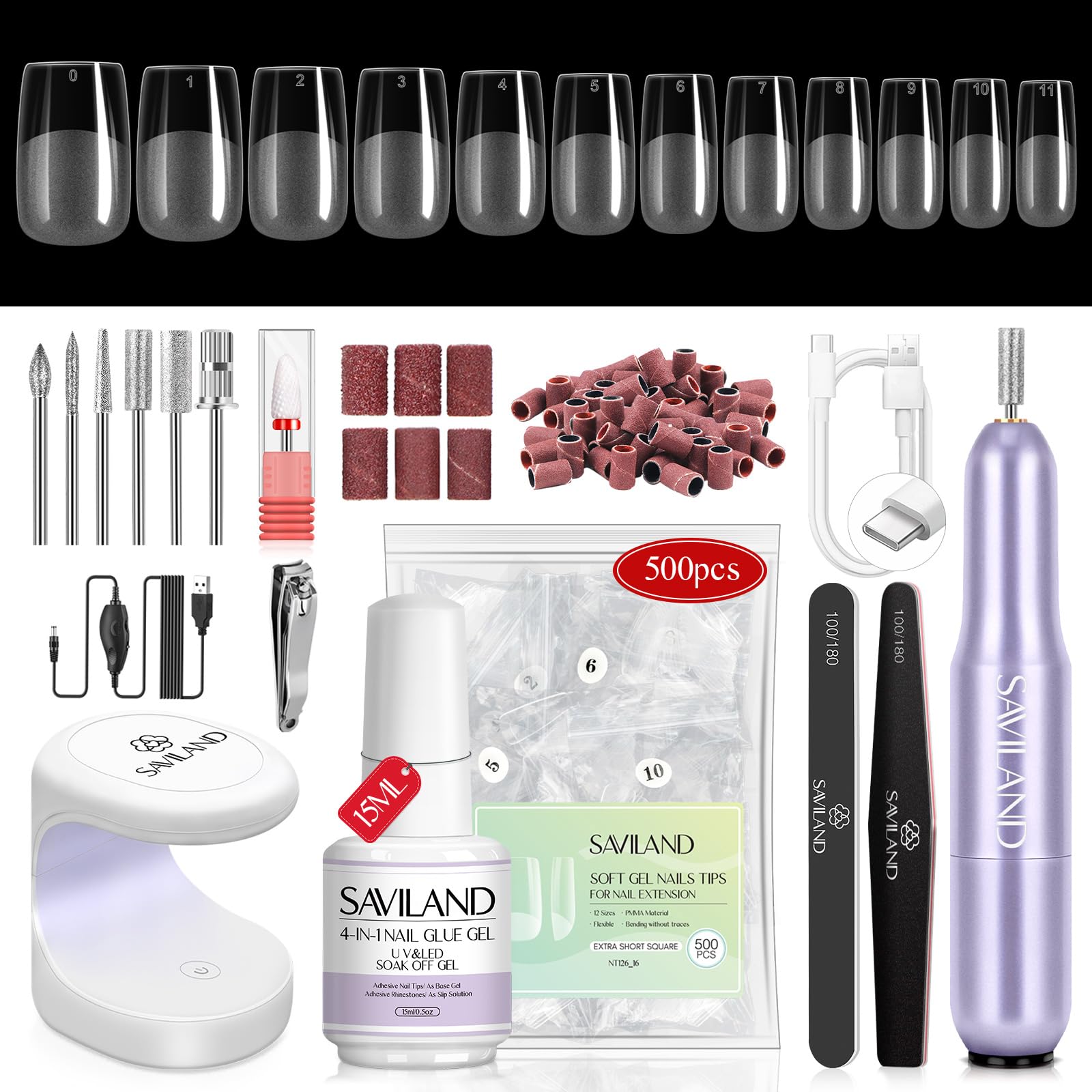 SAVILAND Gel Nail X Kit Short Square – 500 Tips, Mini Lamp, DIY Home Manicure