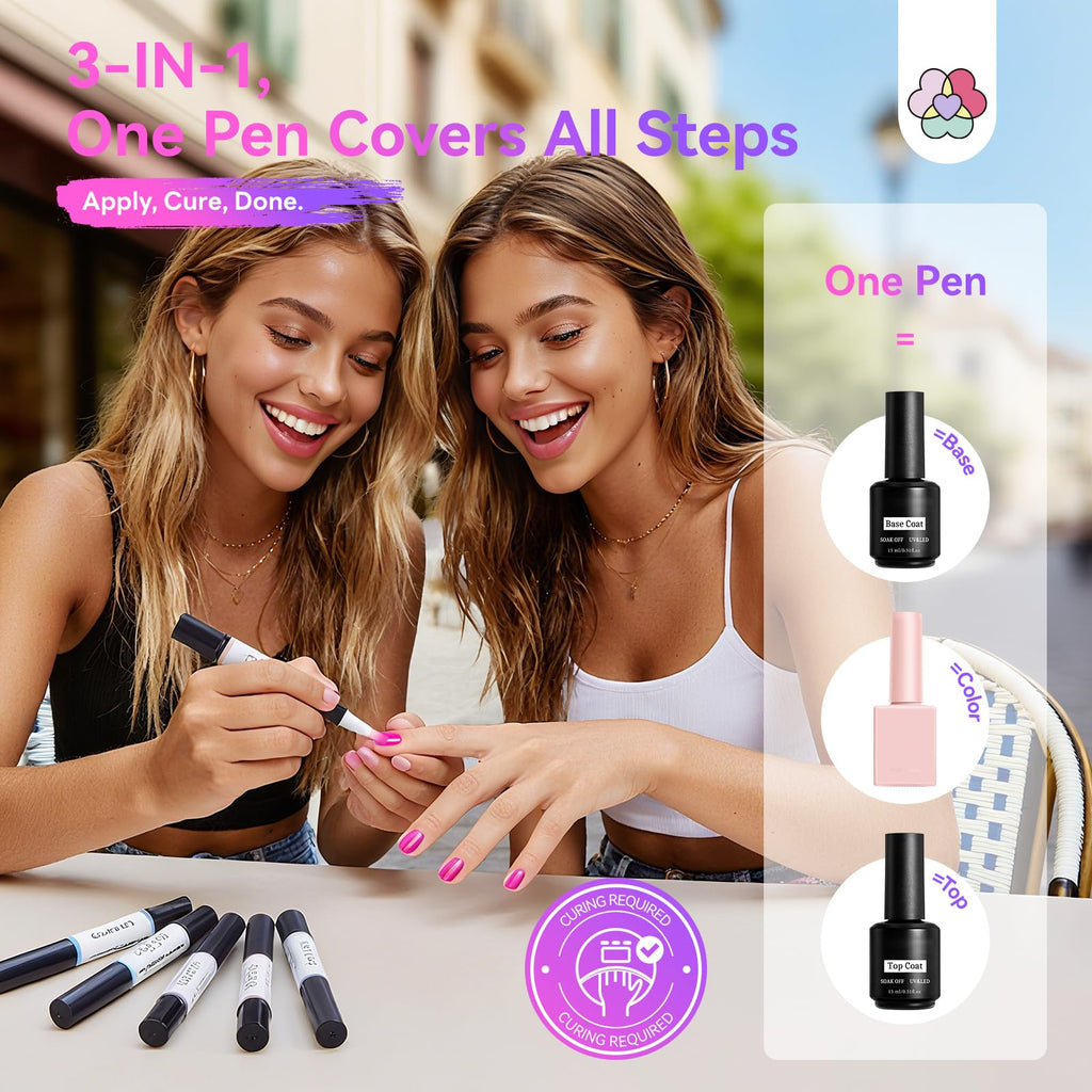 SAVILAND Express One-Step Gel Nail Polish Pen Set — 6 Pearl Pink/Blue Shades, 3-in-1 Base/Color/Top, 4ml, Travel-Friendly (Lamp Not Included)