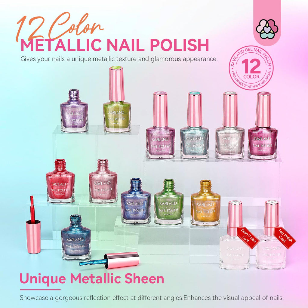 SAVILAND Metallic Nail Polish Set – Chrome, 12+2 Colors with Base & Top Coat