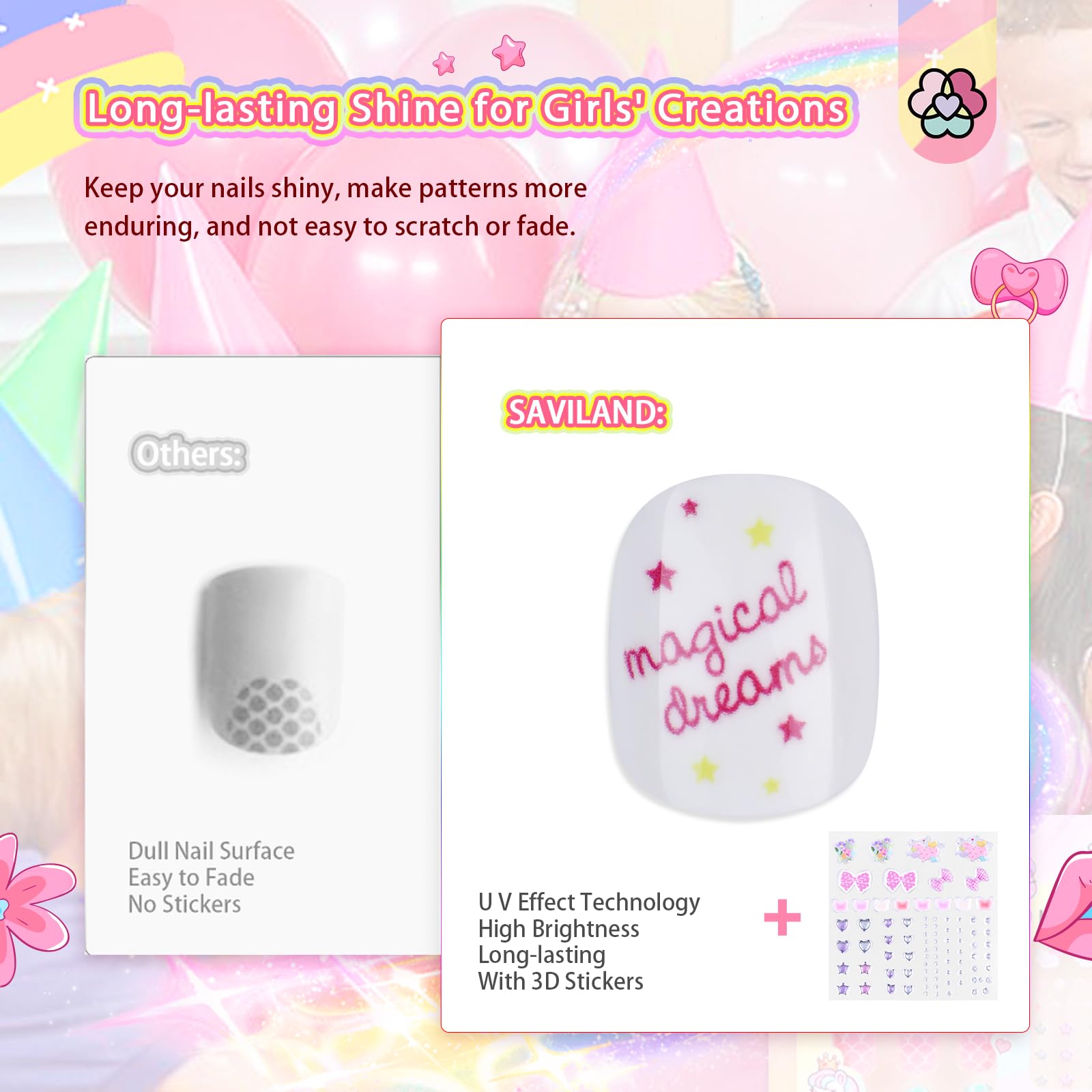 SAVILAND Kids Press-On Nails – 6-Pack with 3D Stickers for Creative DIY Nail Art