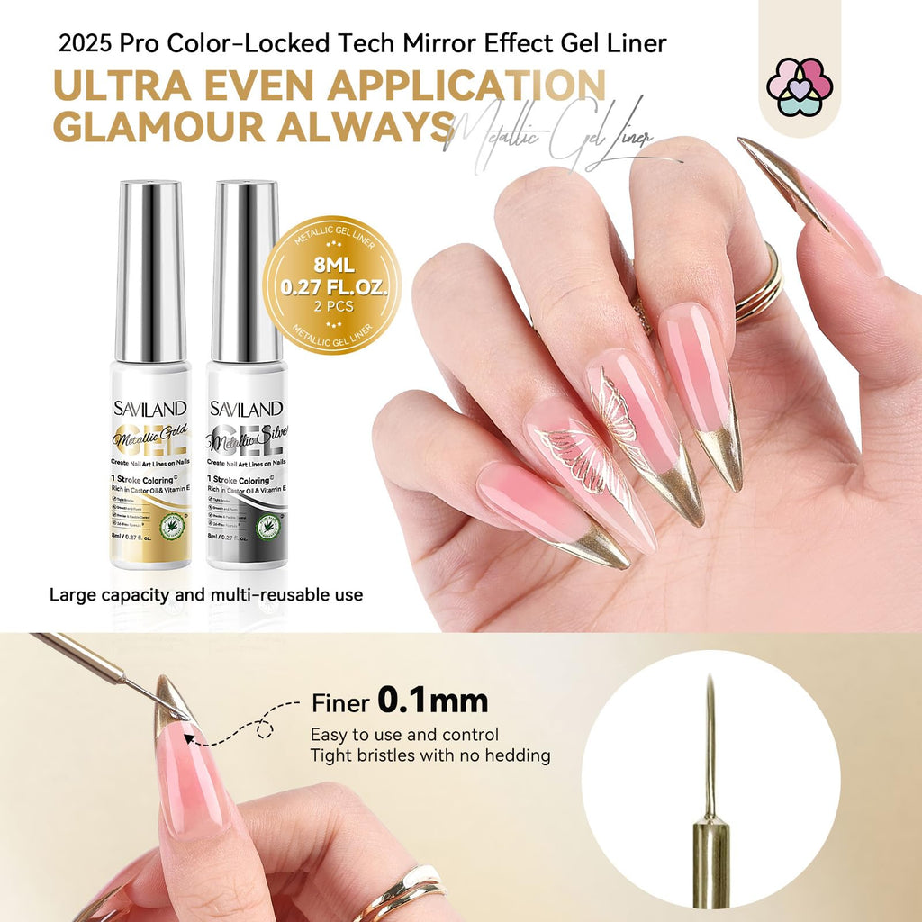 SAVILAND Metallic Gel Liner Nail Art – Silver & Gold Chrome 3D Mirror Gels (2x8ml)