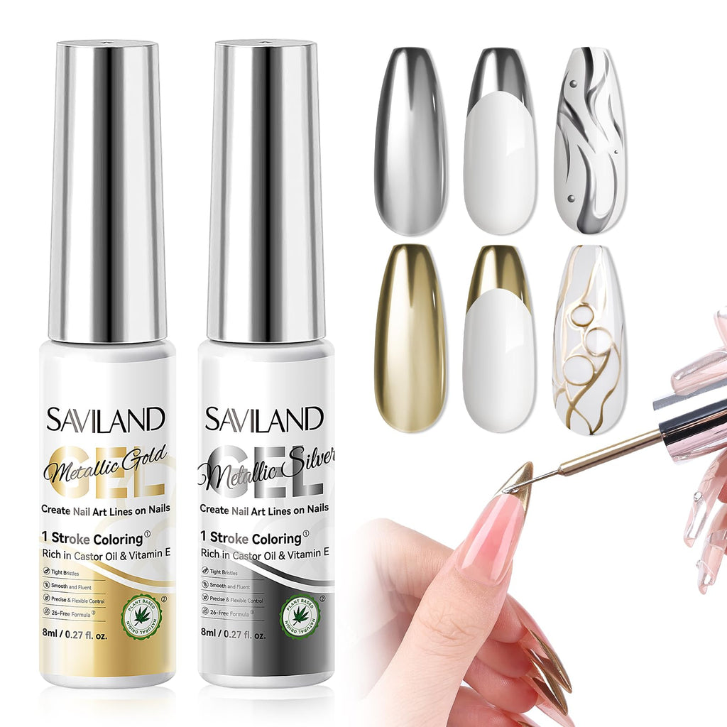 SAVILAND Metallic Gel Liner Nail Art – Silver & Gold Chrome 3D Mirror Gels (2x8ml)