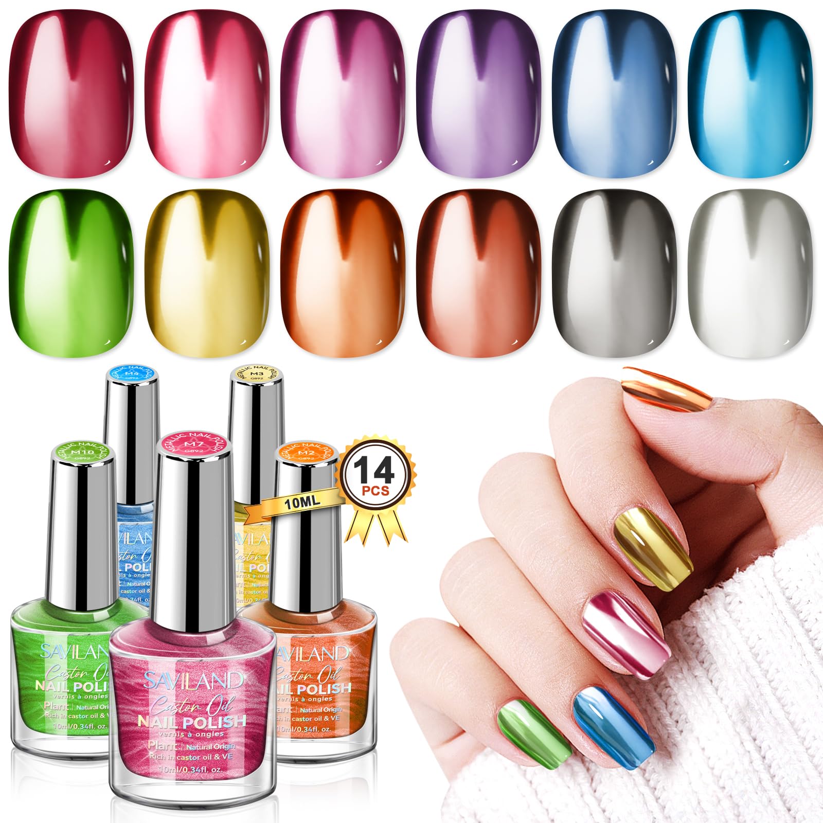 SAVILAND Metallic Nail Polish Quick Dry - 12 Neon Chrome Colors + Base & Top Coat