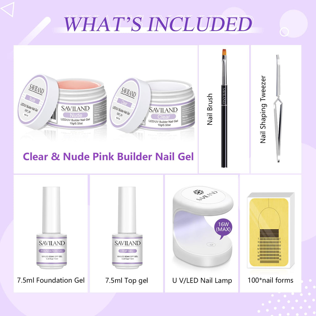 SAVILAND Builder Nail Gel Set – 2 Basic Colors for Home Nail Extensions, Foundation & Top Gel, LED Lamp, 100 Nail Forms
