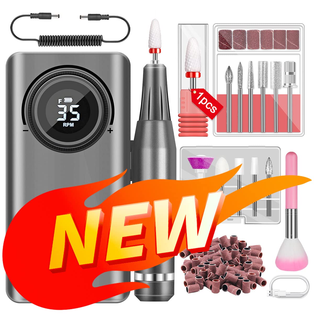 SAVILAND 35000RPM Electric Nail Drill — Rechargeable Nail File with 12 Bits for Pro Salon and Home Use