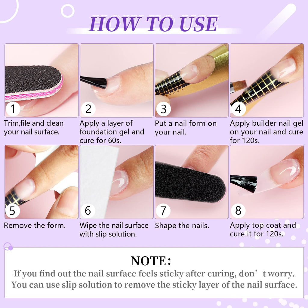 SAVILAND Builder Nail Gel Set – 2 Basic Colors for Home Nail Extensions, Foundation & Top Gel, LED Lamp, 100 Nail Forms