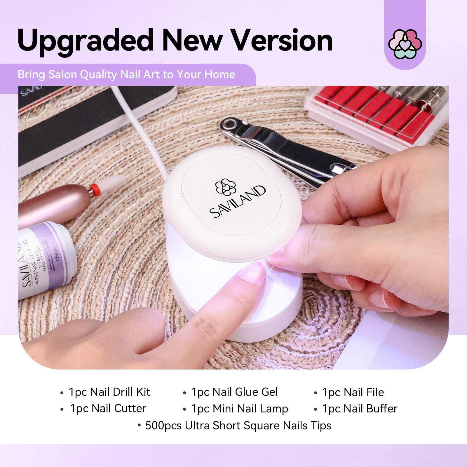 SAVILAND Gel Nail X Kit Short Square – 500 Tips, Mini Lamp, DIY Home Manicure
