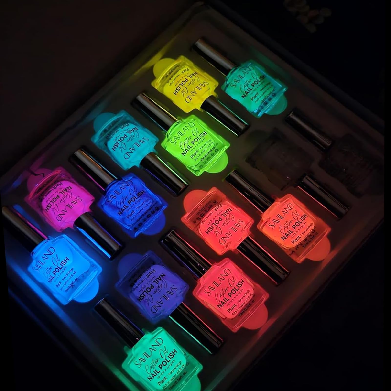 SAVILAND Glow-in-the-Dark Nail Polish Set: 14 Neon Shades with Base & Top Coats