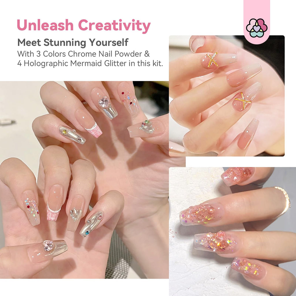 SAVILAND Non Sticky Solid Builder Nail Gel Kit — 4 Colors, Long-Lasting Wear, Chrome Powder & Mermaid Glitter