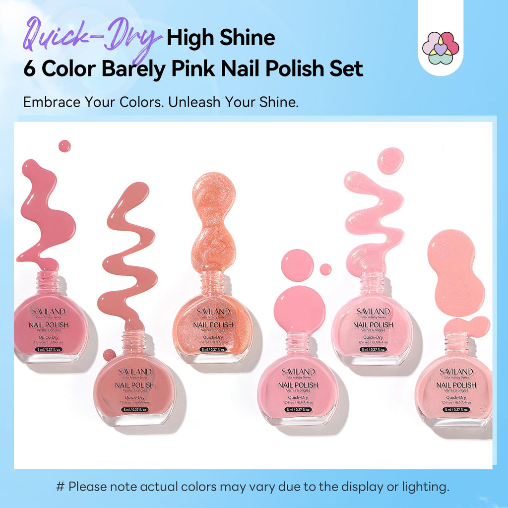 SAVILAND Pink Nude Nail Polish Set – 6 Quick-Dry Shimmer & Pearl Pink Lacquers (8ml)