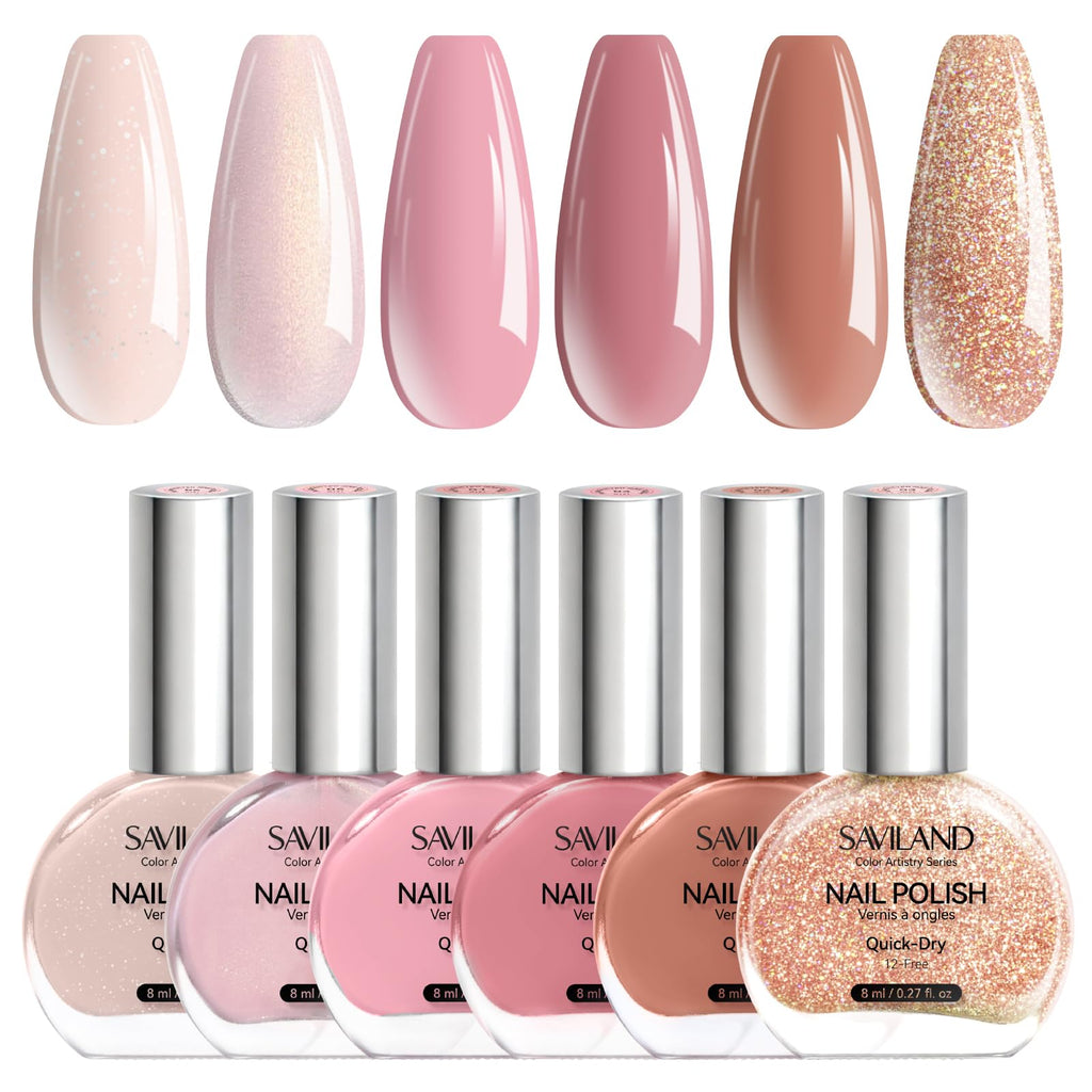 SAVILAND Pink Nude Nail Polish Set – 6 Quick-Dry Shimmer & Pearl Pink Lacquers (8ml)