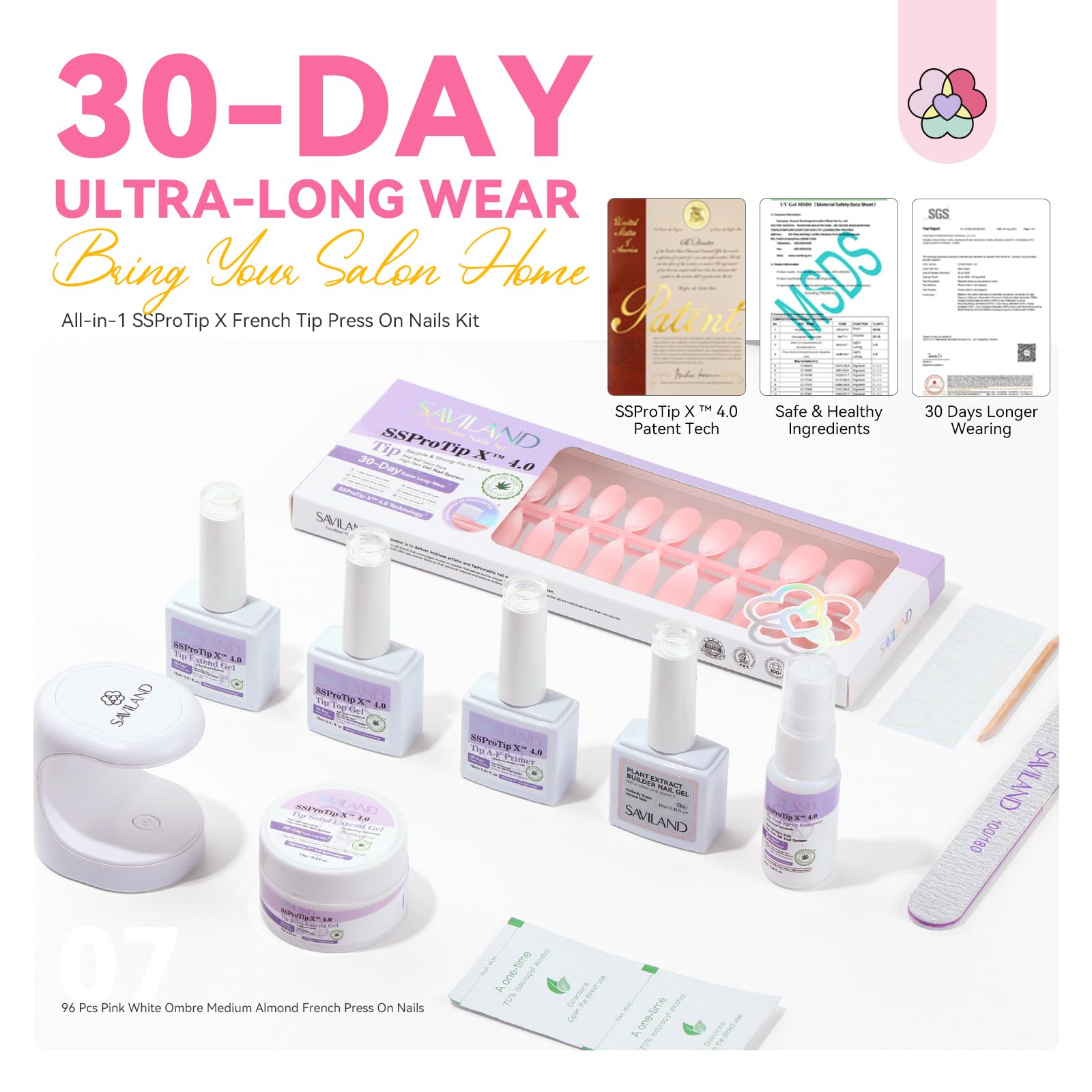 SAVILAND Almond Nail Tips – 96 Pcs, 16 Sizes, Pink White Ombre, 30 Days Wear