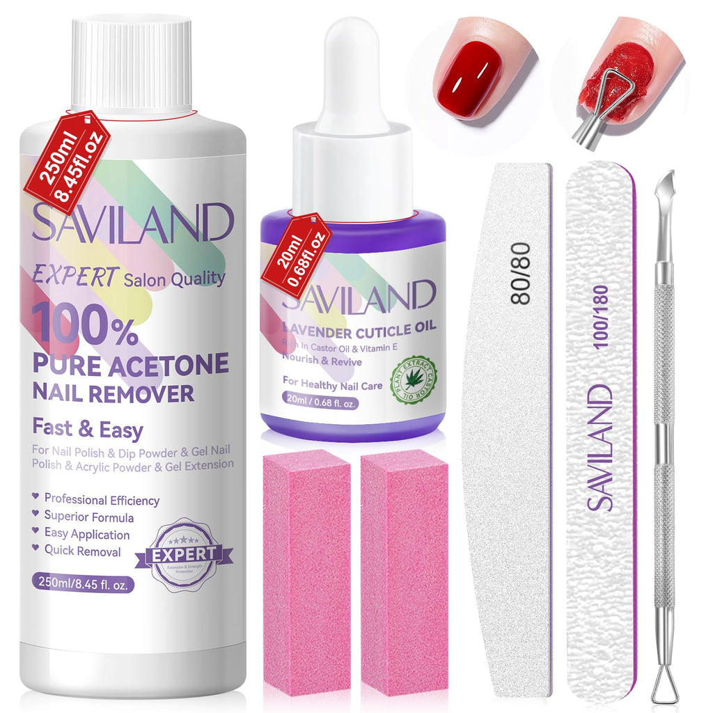 SAVILAND Pure Acetone Nail Polish Remover Kit – 8.45 oz for Gel, Dip Powder & Acrylic Nails
