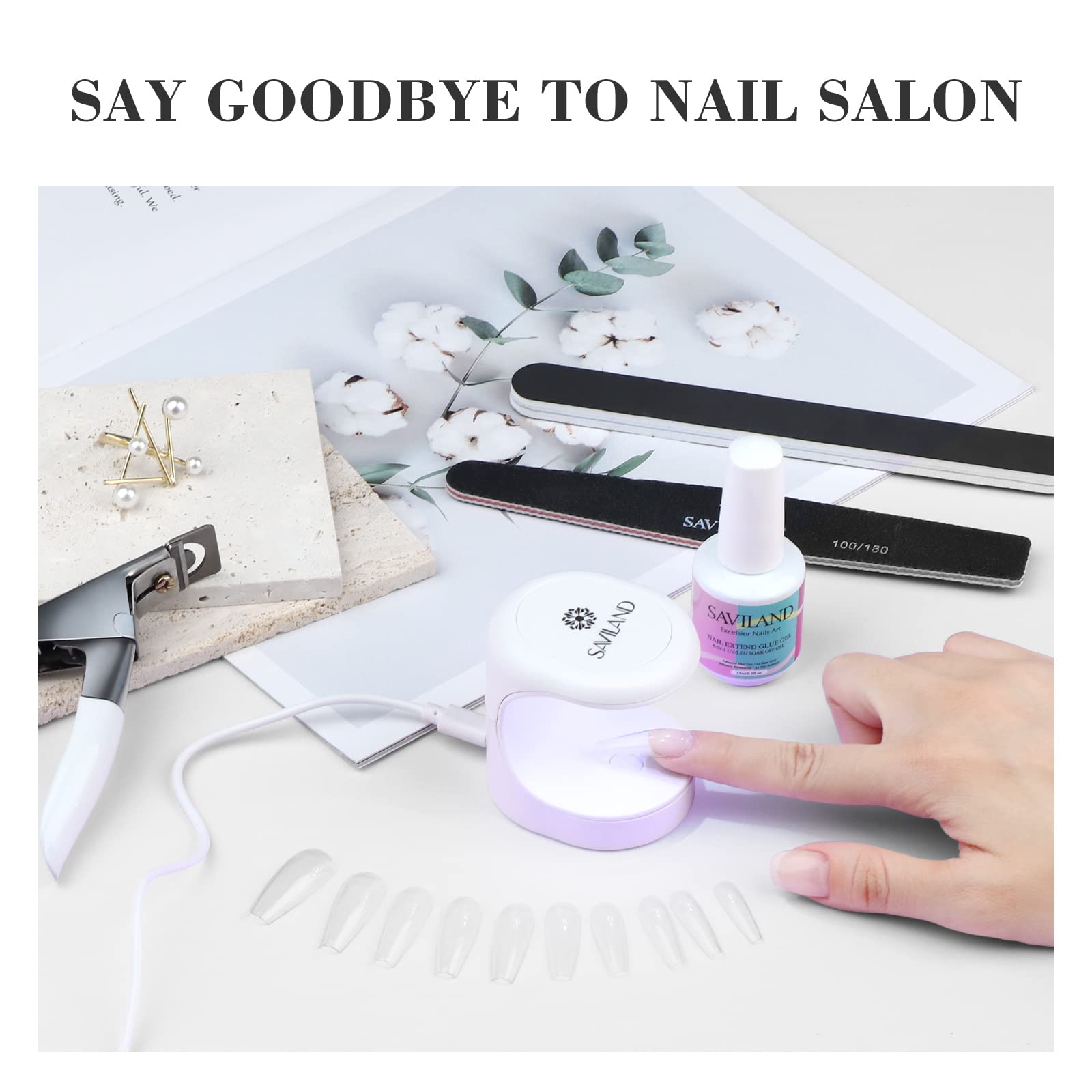 SAVILAND Nail Kit for Beginners — All-in-One Coffin Tips, 4-in-1 Glue & Mini UV Lamp