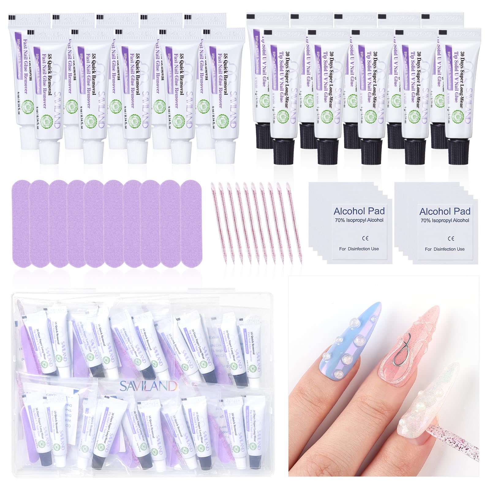 SAVILAND Solid Nail Glue Gel & Remover Kit — 10-Pack Travel-Ready Press-On Nails Tool Set
