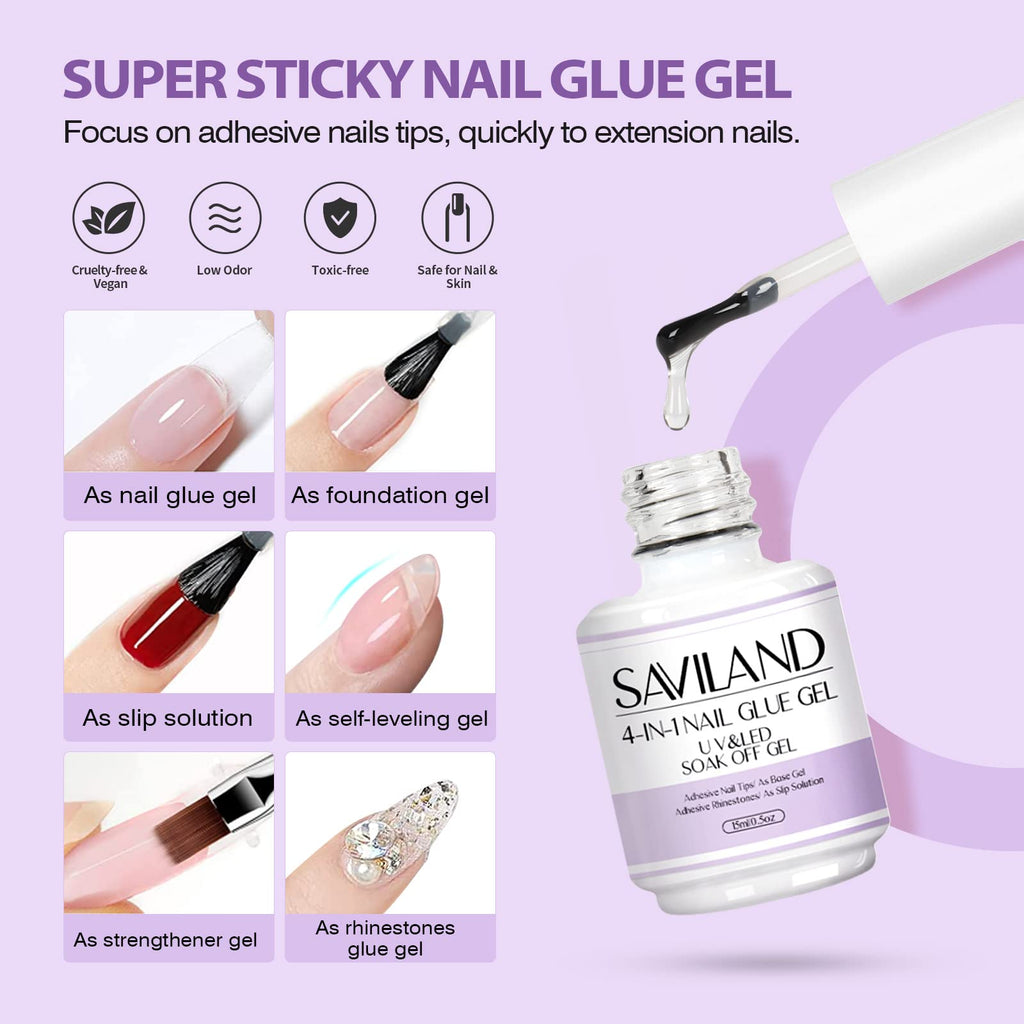 SAVILAND Gel Nail Kit for Beginners – All-in-One At-Home Nail Extension with 4-in-1 Glue Gel, 500 Tips, Mini Lamp