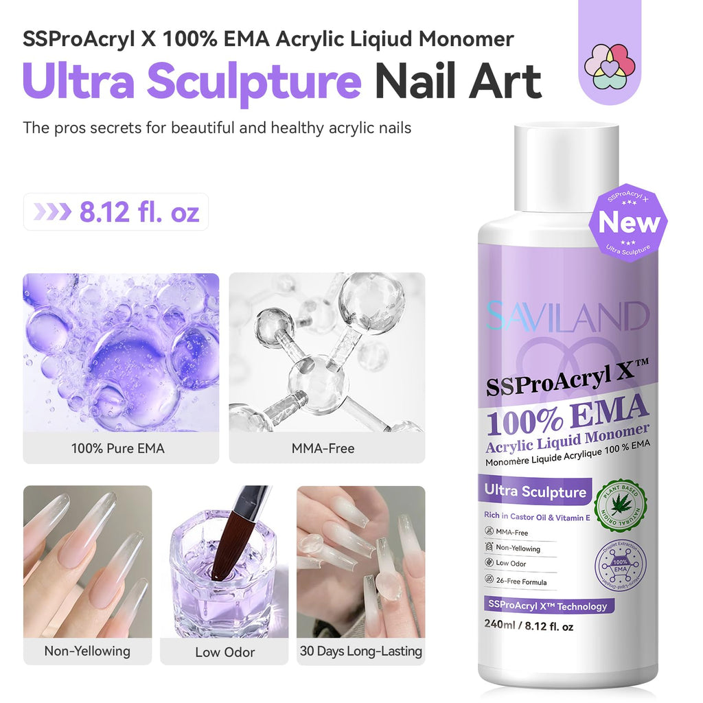 SAVILAND SSPro X Pure EMA Monomer Liquid – 240ml with 3 Acrylic Brushes