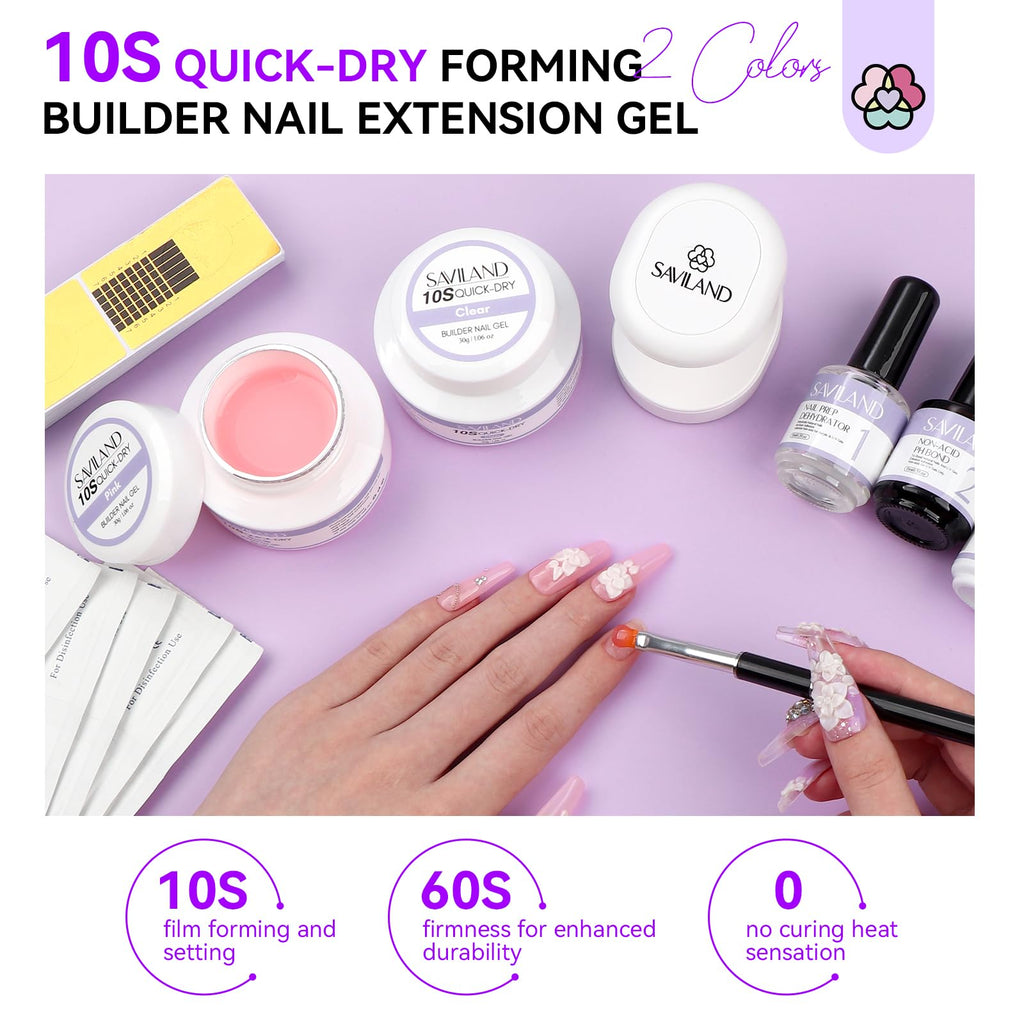 SAVILAND Quick-dry Builder Nail Gel Kit – Clear & Pink Gels with Mini UV Light