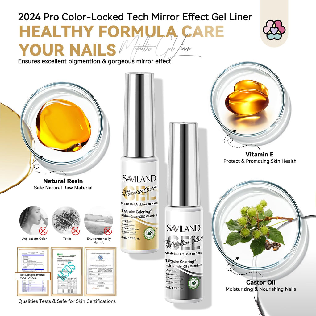 SAVILAND Metallic Gel Liner Nail Art – Silver & Gold Chrome 3D Mirror Gels (2x8ml)