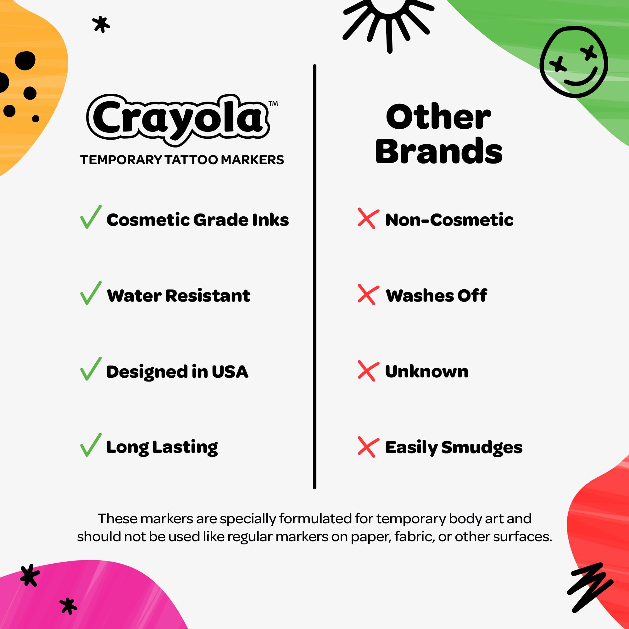Savvi Crayola 8ct Temporary Tattoo Markers – Skin-Safe Ink, Vibrant Colors, USA Made (1 Pack)