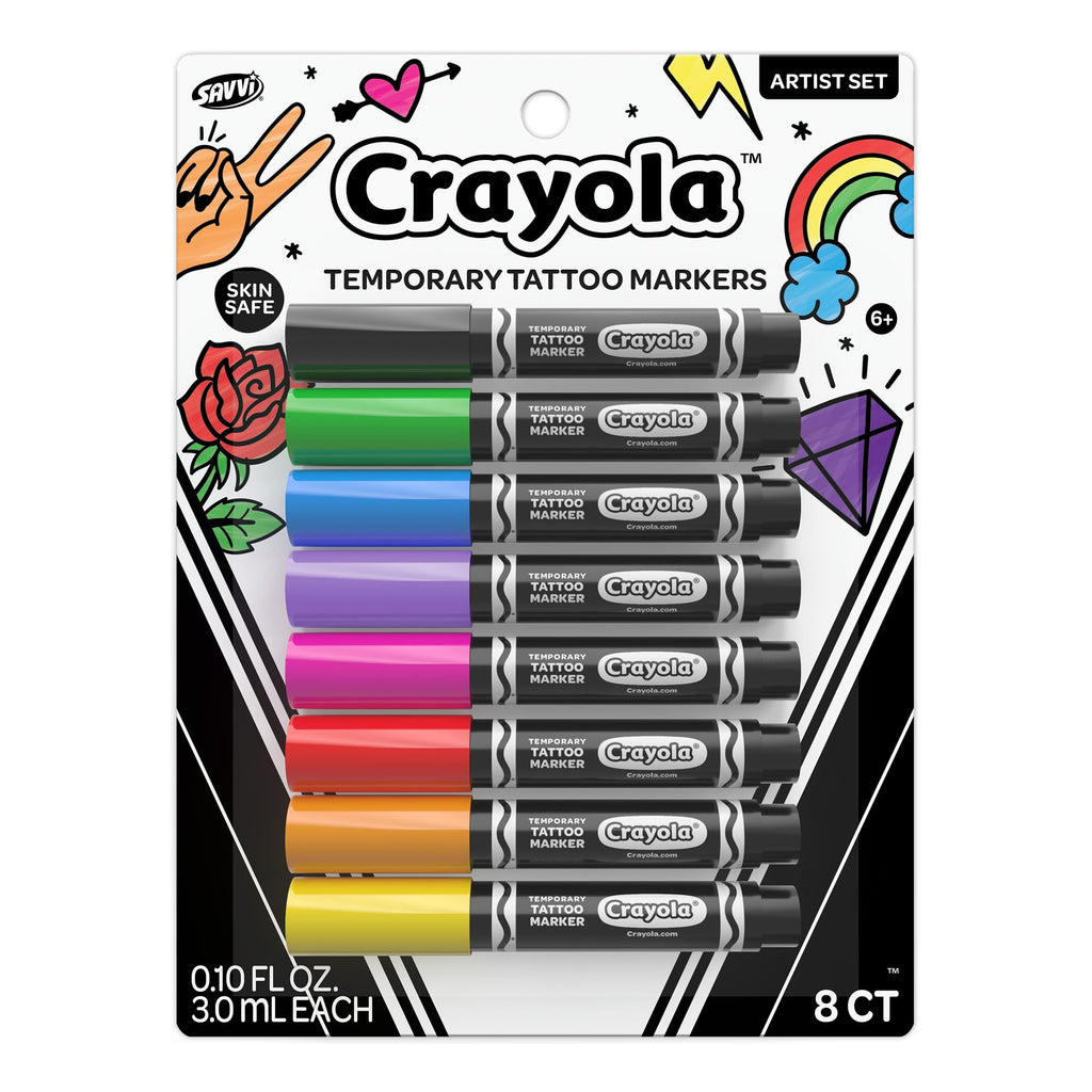Savvi Crayola 8ct Temporary Tattoo Markers – Skin-Safe Ink, Vibrant Colors, USA Made (1 Pack)