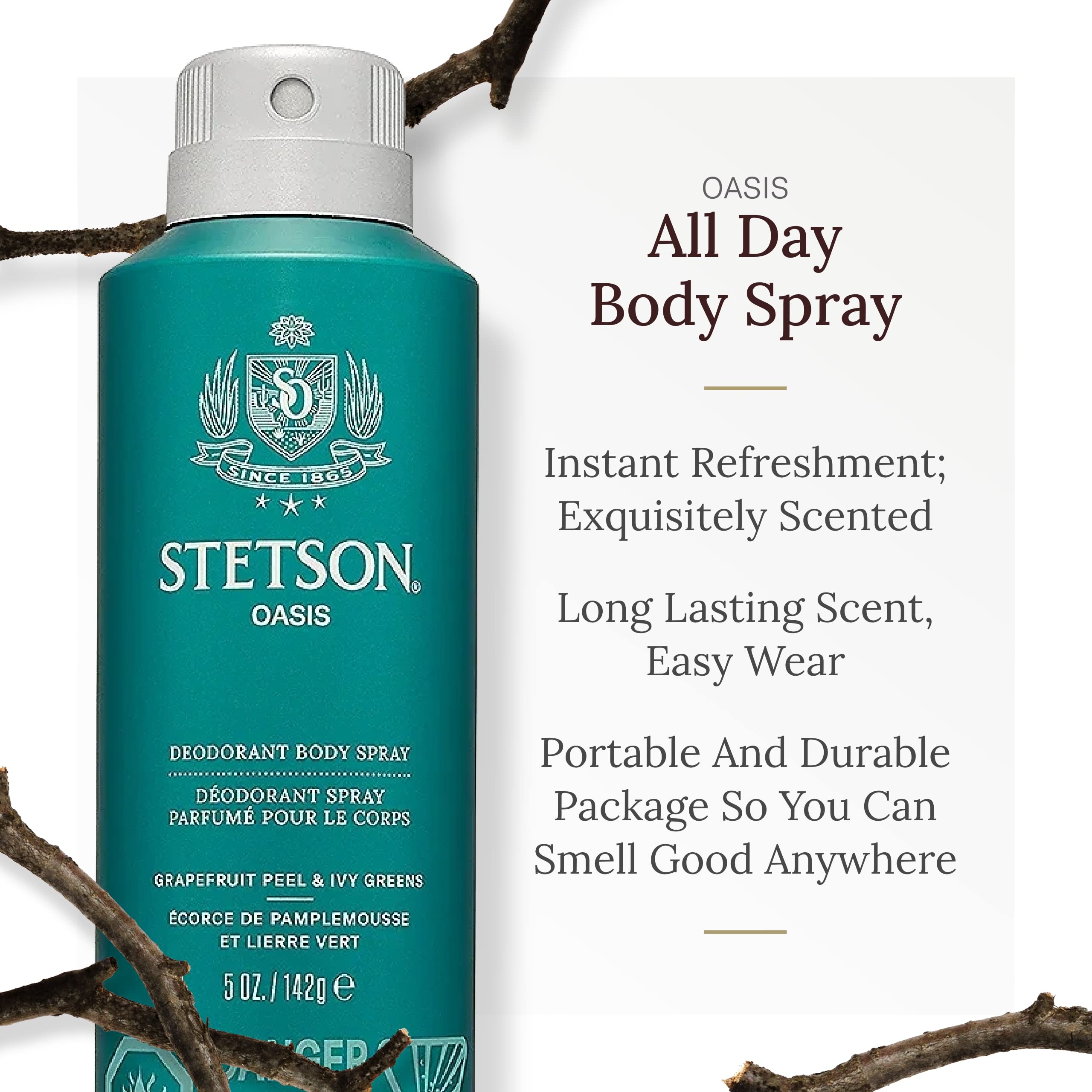 STETSON All Day Body Spray for Men by SCENT BEAUTY - Oasis 3-Pack (5 oz each)