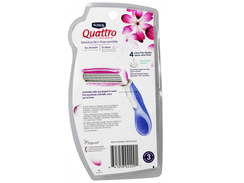 Schick Quattro Womens Disposable Razors – High Performance, 3-Count (Pack of 6)