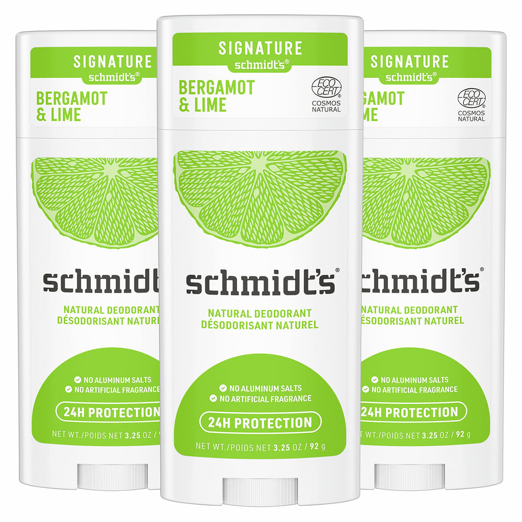 Schmidt's Bergamot + Lime Aluminum-Free Natural Deodorant – 24h Odor Protection, Pack of 3