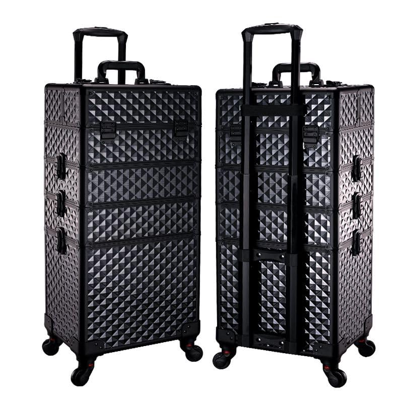SCIKHEFT Rolling Makeup Train Case – Large Aluminum Cosmetic Trolley (All Black Diamond)