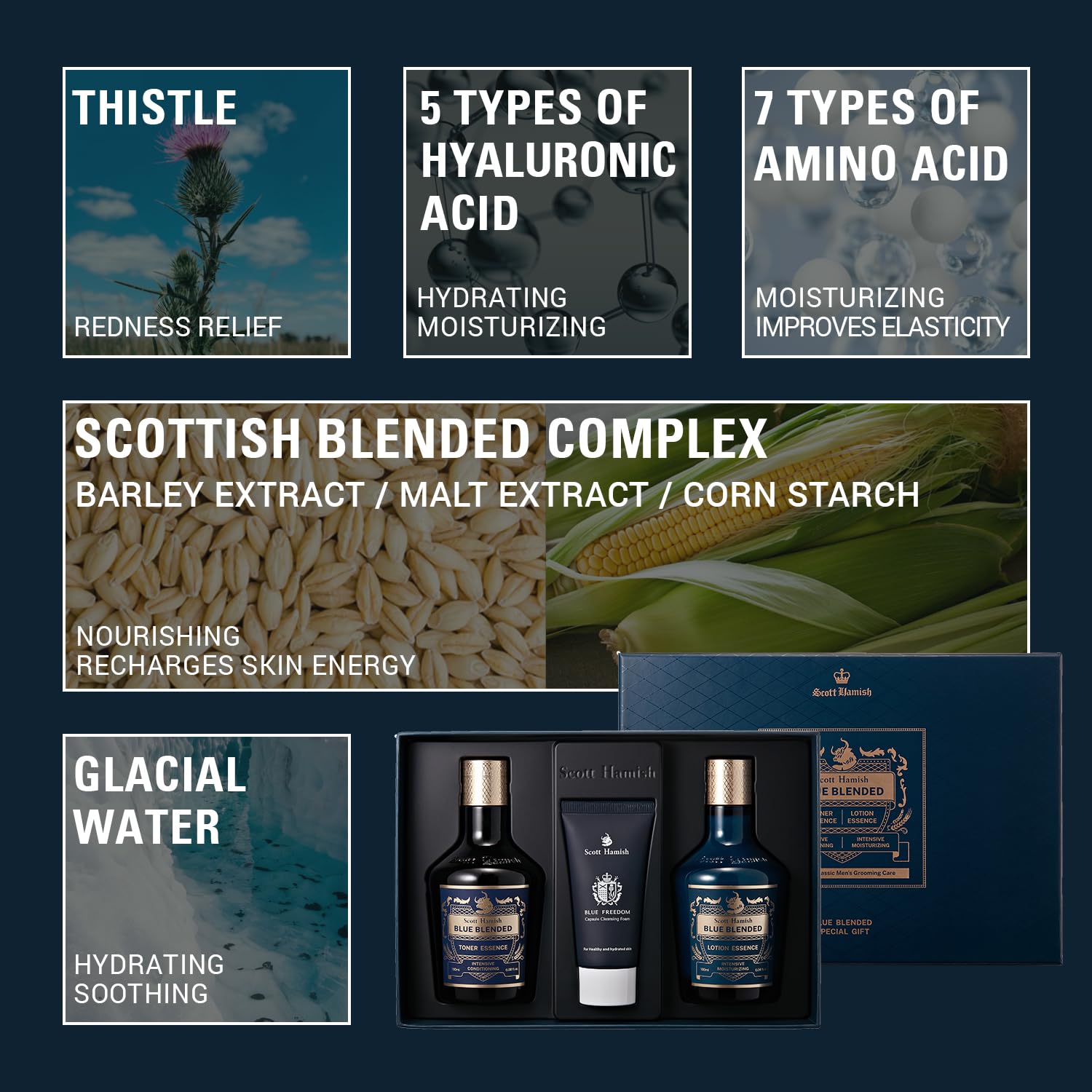 Scott Hamish Blue Blended Set – Men’s Skincare Kit with Face Wash, Toner & Emulsion