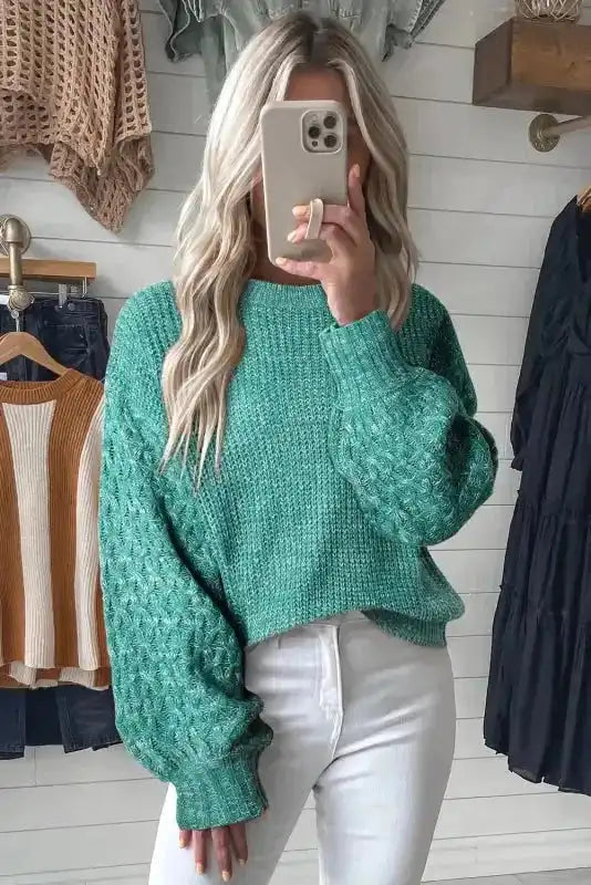 Sea Green Cable Knit Drop Shoulder Balloon Sleeve Sweater Women UK
