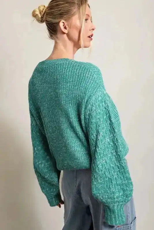 Sea Green Cable Knit Drop Shoulder Balloon Sleeve Sweater Women UK
