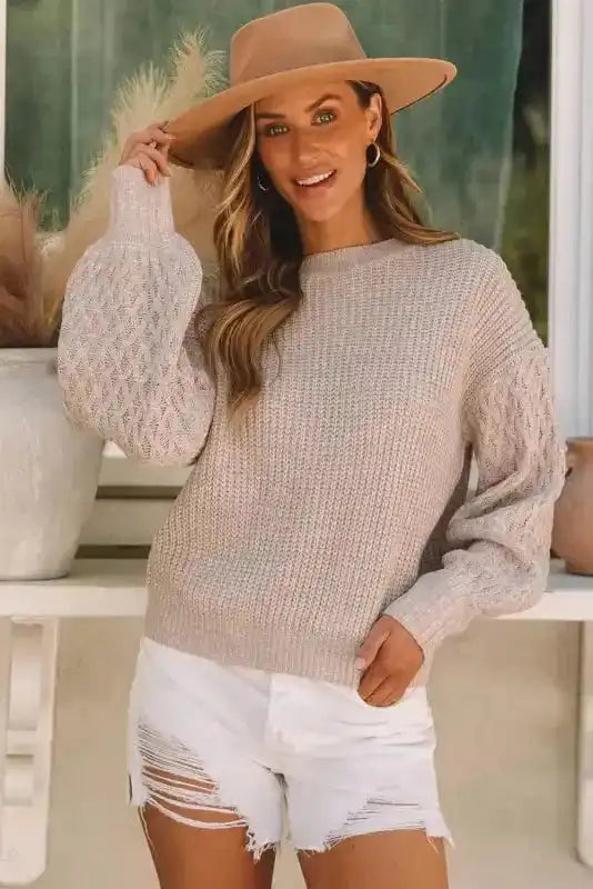 Sea Green Cable Knit Drop Shoulder Balloon Sleeve Sweater Women UK