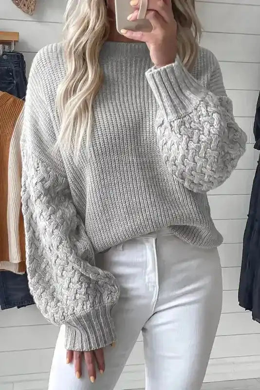 Sea Green Cable Knit Drop Shoulder Balloon Sleeve Sweater Women UK