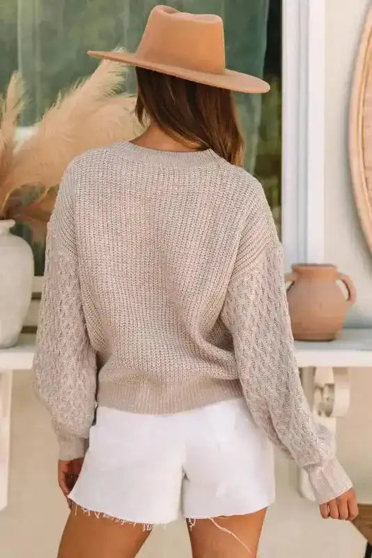 Sea Green Cable Knit Drop Shoulder Balloon Sleeve Sweater Women UK