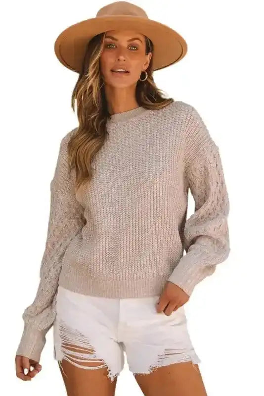 Sea Green Cable Knit Drop Shoulder Balloon Sleeve Sweater Women UK