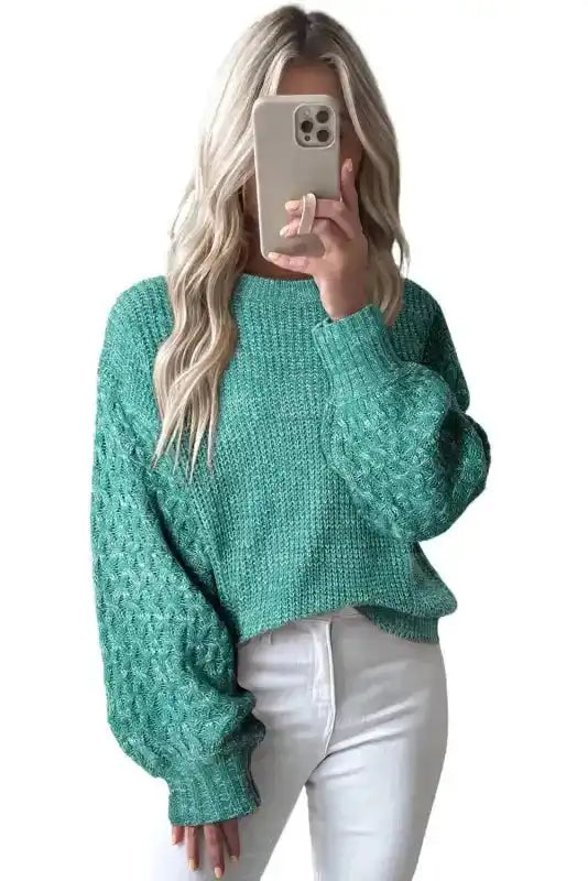 Sea Green Cable Knit Drop Shoulder Balloon Sleeve Sweater Women UK