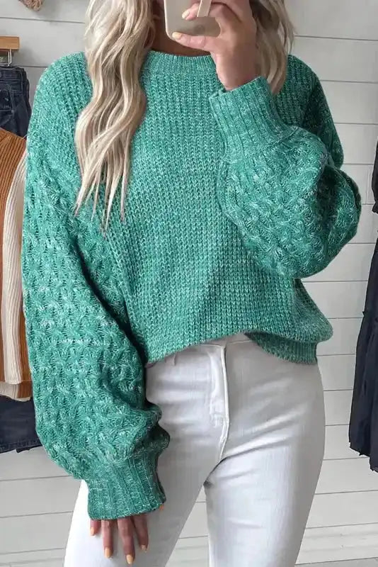 Sea Green Cable Knit Drop Shoulder Balloon Sleeve Sweater Women UK